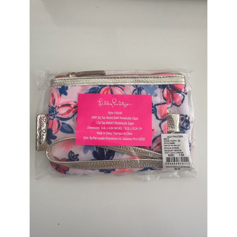 Lilly Pulitzer GWP Zip Top Wallet Resort White Party Like A Lobster Pink Gold